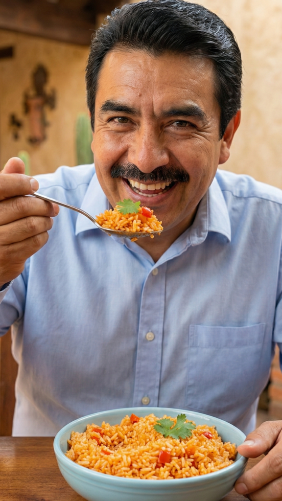 man enjoing authentic mexican rice