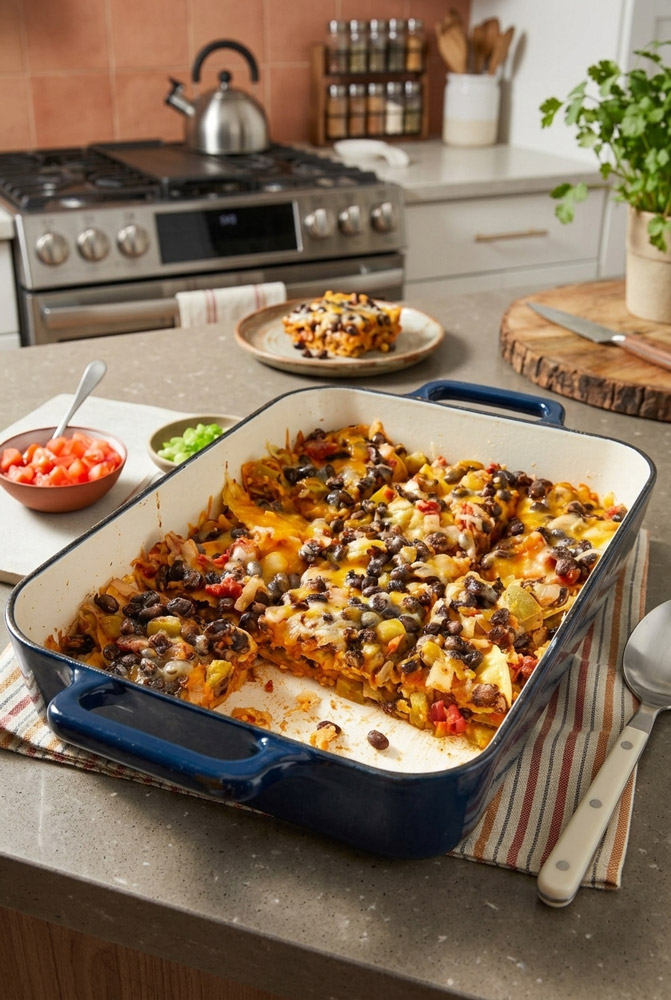 Serving Black Bean Tortilla Casserole