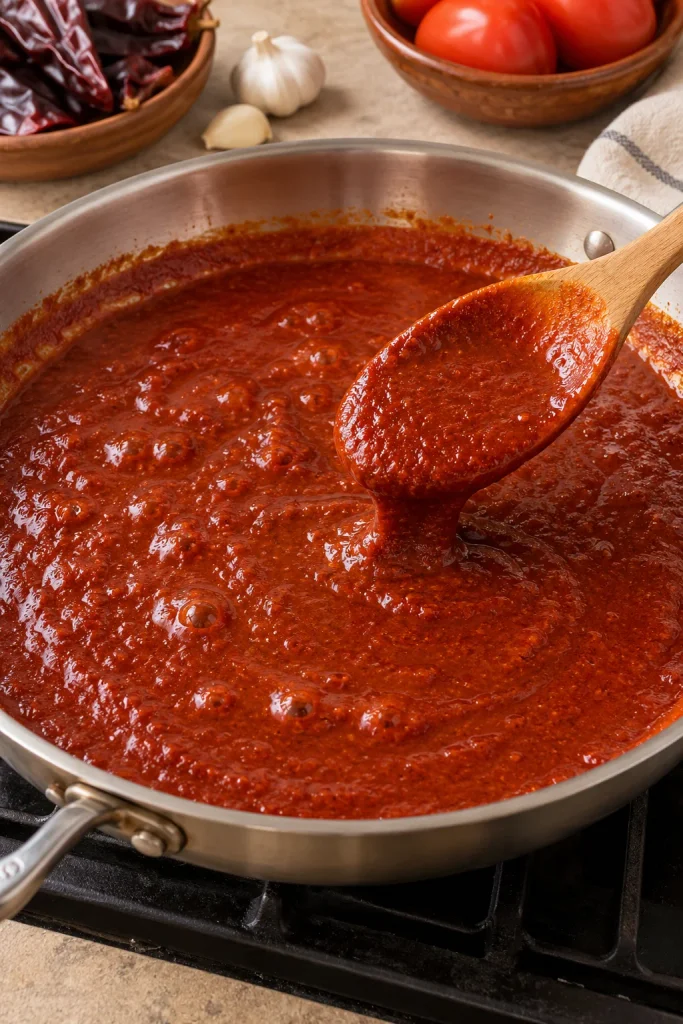 Rustic Skillet of Simmering Chile Sauce