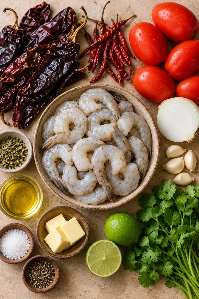 Shrimp Chile Tomato Ingredient Flat Lay